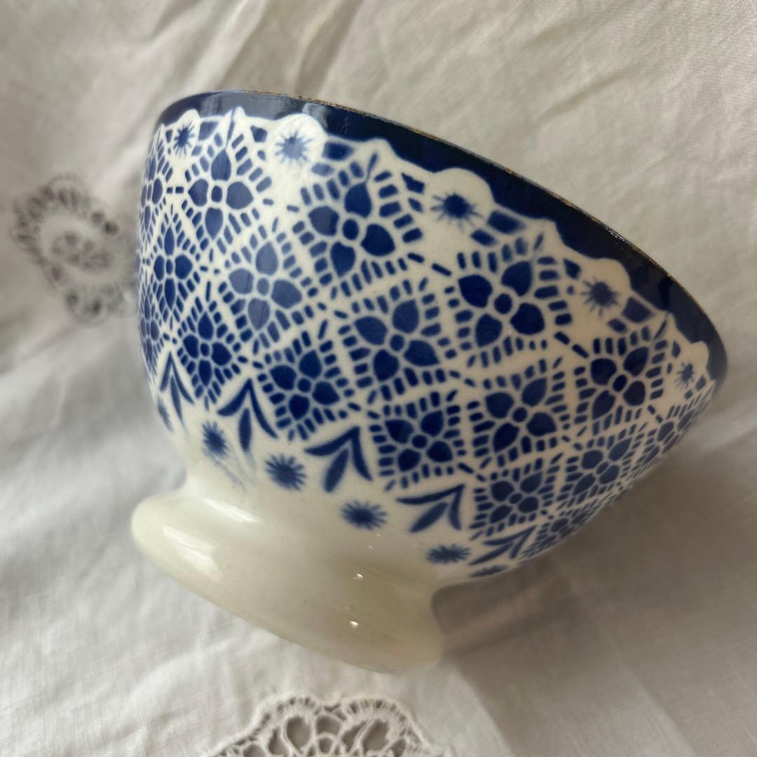 【希少】モロッコ柄　レース柄　青色カフェオレボウル　フランスアンティーク