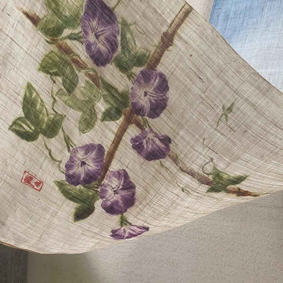 手描き麻暖簾【朝顔】手染 のれん 巾85×151cm　一点物　古布　アンティーク