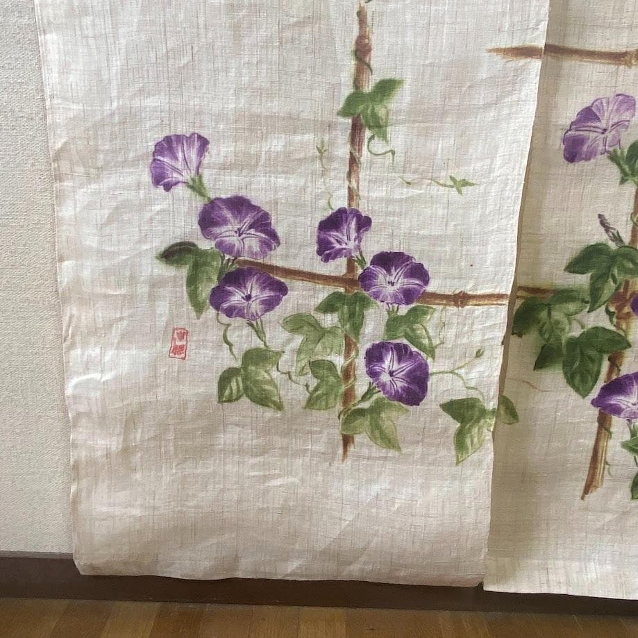 手描き麻暖簾【朝顔】手染 のれん 巾85×151cm　一点物　古布　アンティーク