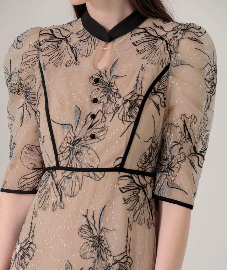 Leja 花柄リボンパフスリーブマーメイドフレアワンピースドレス　結婚式