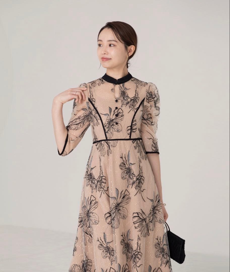 Leja 花柄リボンパフスリーブマーメイドフレアワンピースドレス　結婚式