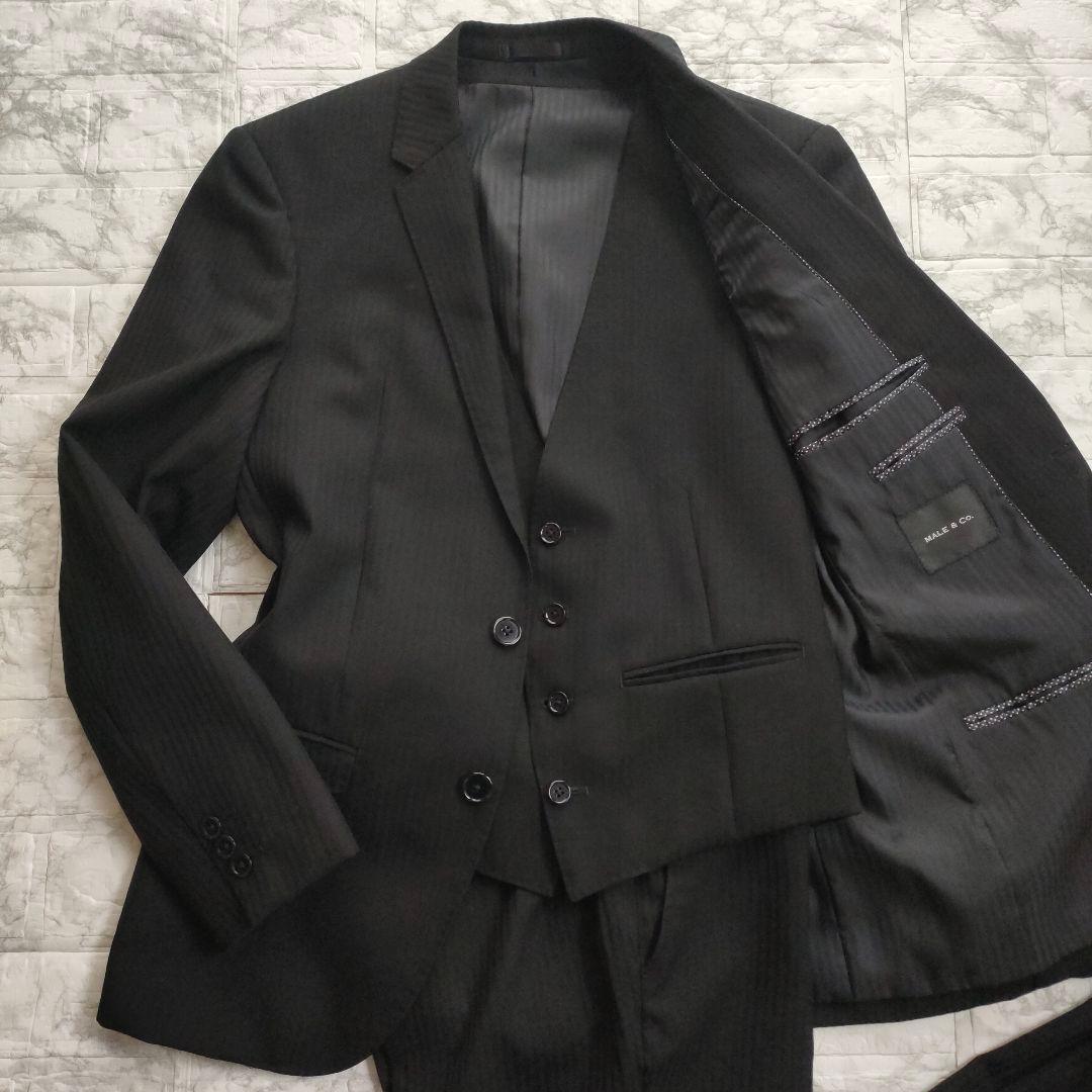 male&co.　3ピース　セットアップスーツ　ストレッチ　ストライプ　黒　M