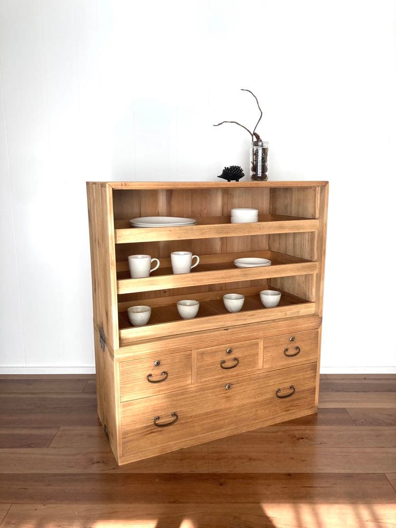 【メンテ済】アンティークの二段収納棚　上下分割可　総桐　食器棚　剥離無塗装