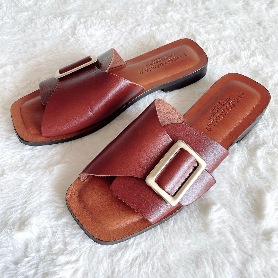 極美品 コルソローマ フラットサンダル ビッグバックル スクエアトゥ 37 茶