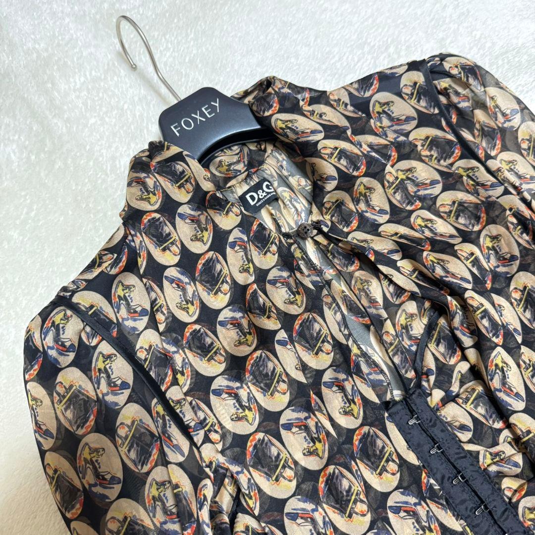 美品 ドルチェアンドガッバーナ ボウタイ シルク ワンピース ラムレザー 総柄