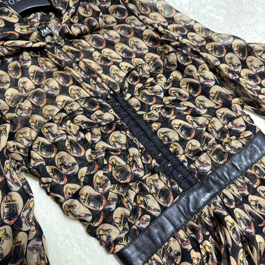 美品 ドルチェアンドガッバーナ ボウタイ シルク ワンピース ラムレザー 総柄