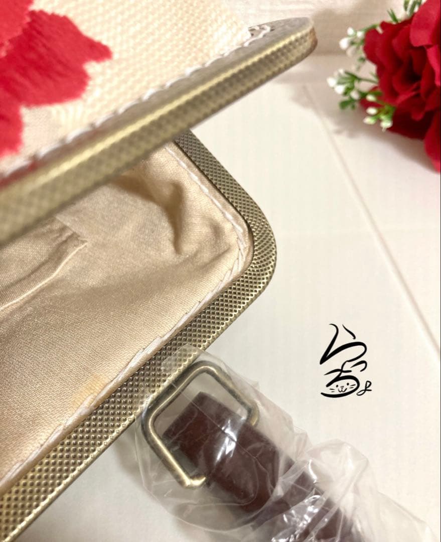 帯リメイク 紅色花 持ち手付きがま口バッグ