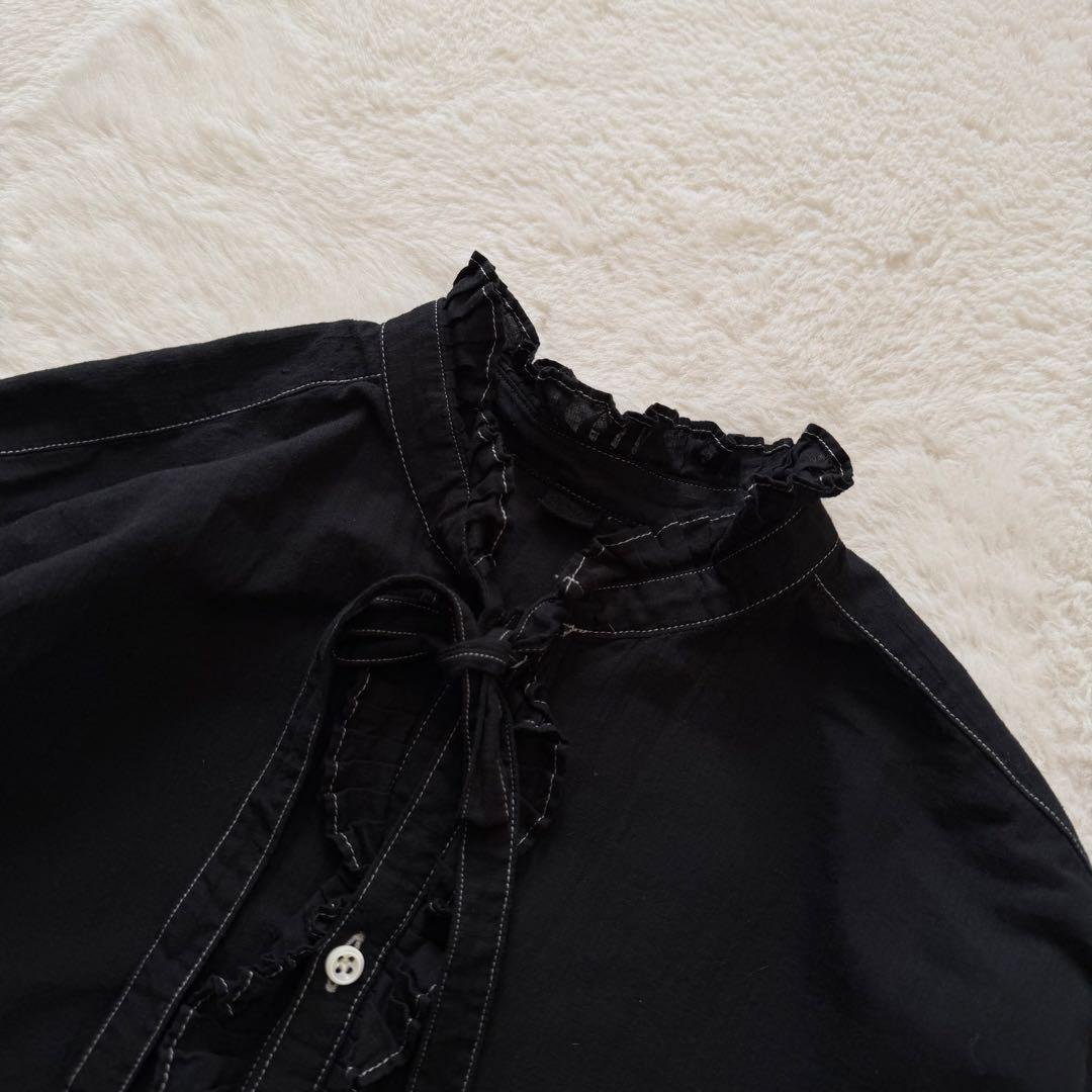 45R インドカディのタックフリルボウタイブラウス　黒