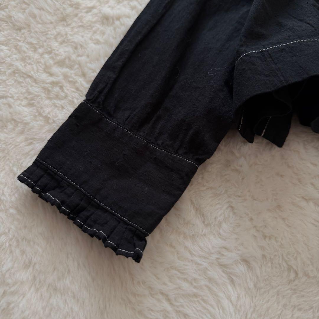 45R インドカディのタックフリルボウタイブラウス　黒