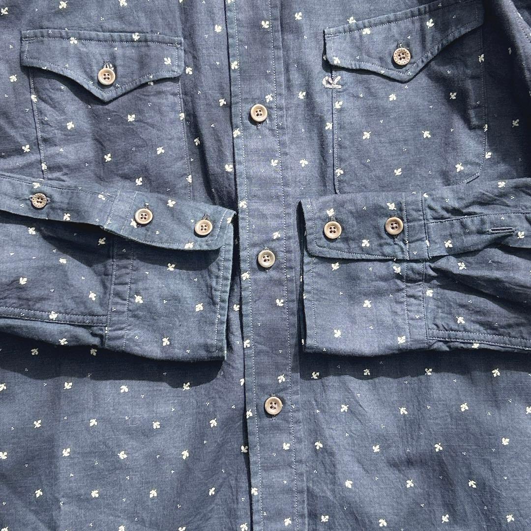 45R★総柄　インディゴ染　シャツ　ブラウス　コットン　藍色