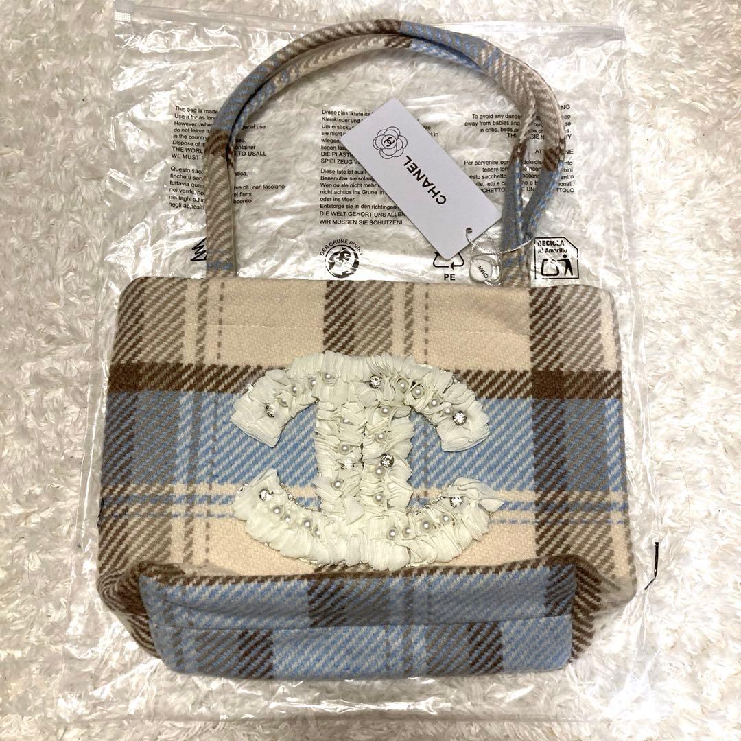 CHANEL チェック柄トートバッグ　シフォン　水色