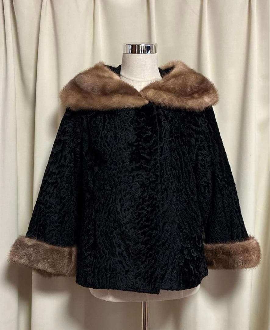 1950s-60sヴィンテージ黒ラムウールミンクファー襟 毛皮ショートコート