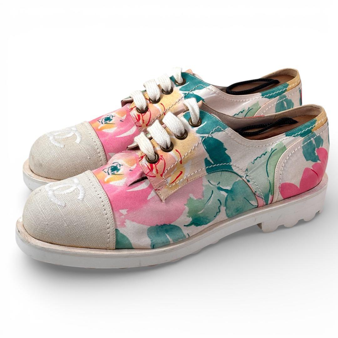 シャネル CHANELフラワー柄 レースアップシューズ 38 ※難あり