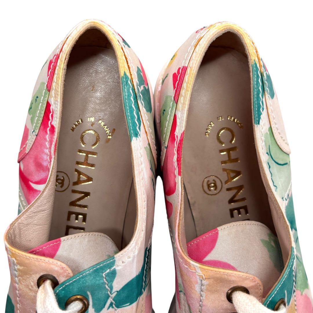 シャネル CHANELフラワー柄 レースアップシューズ 38 ※難あり