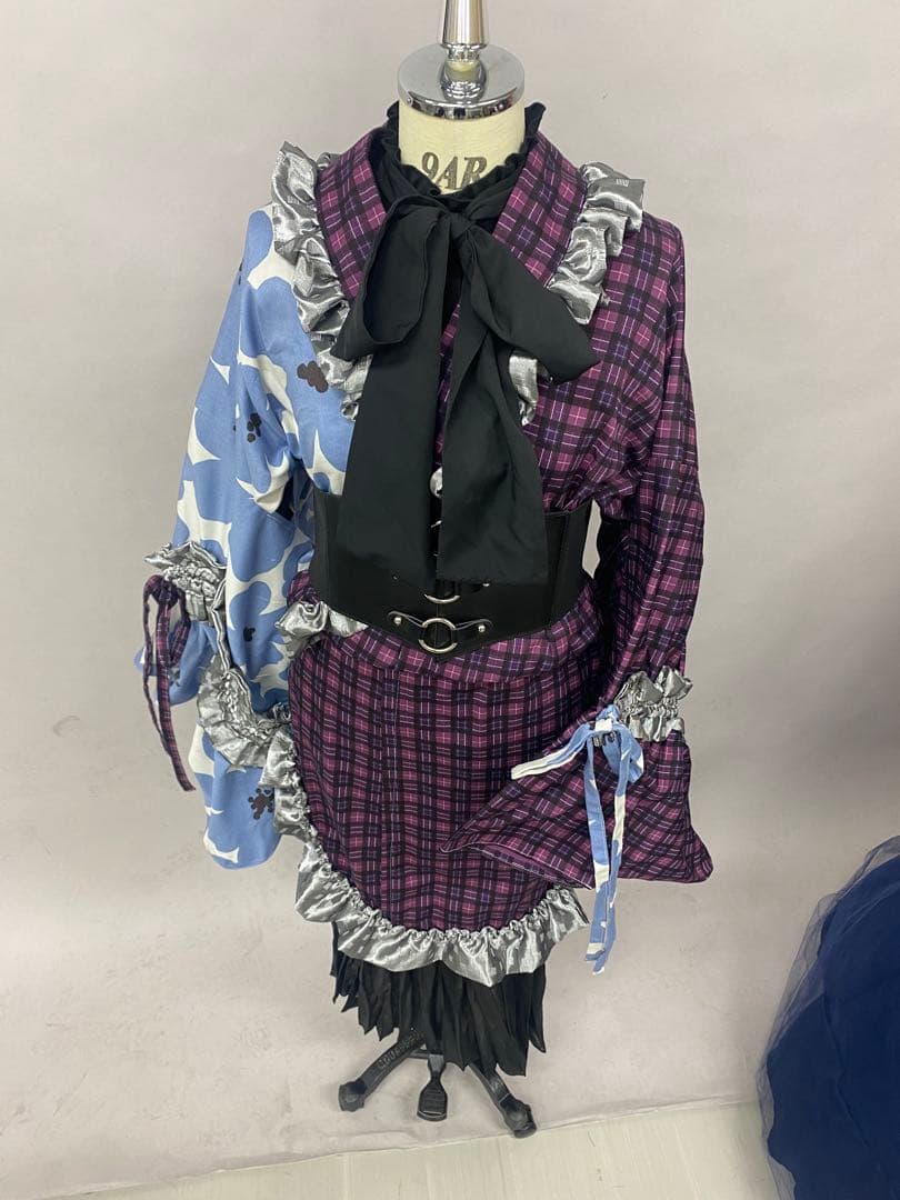 チェック 浴衣 服飾学生 着物 ゴム入り帯付き セット 紫 青