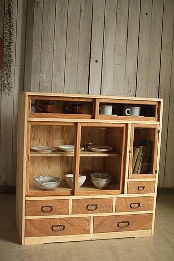 古い木枠のガラス戸棚　木製引き出し6杯　食器棚　本棚　キャビネット　古家具