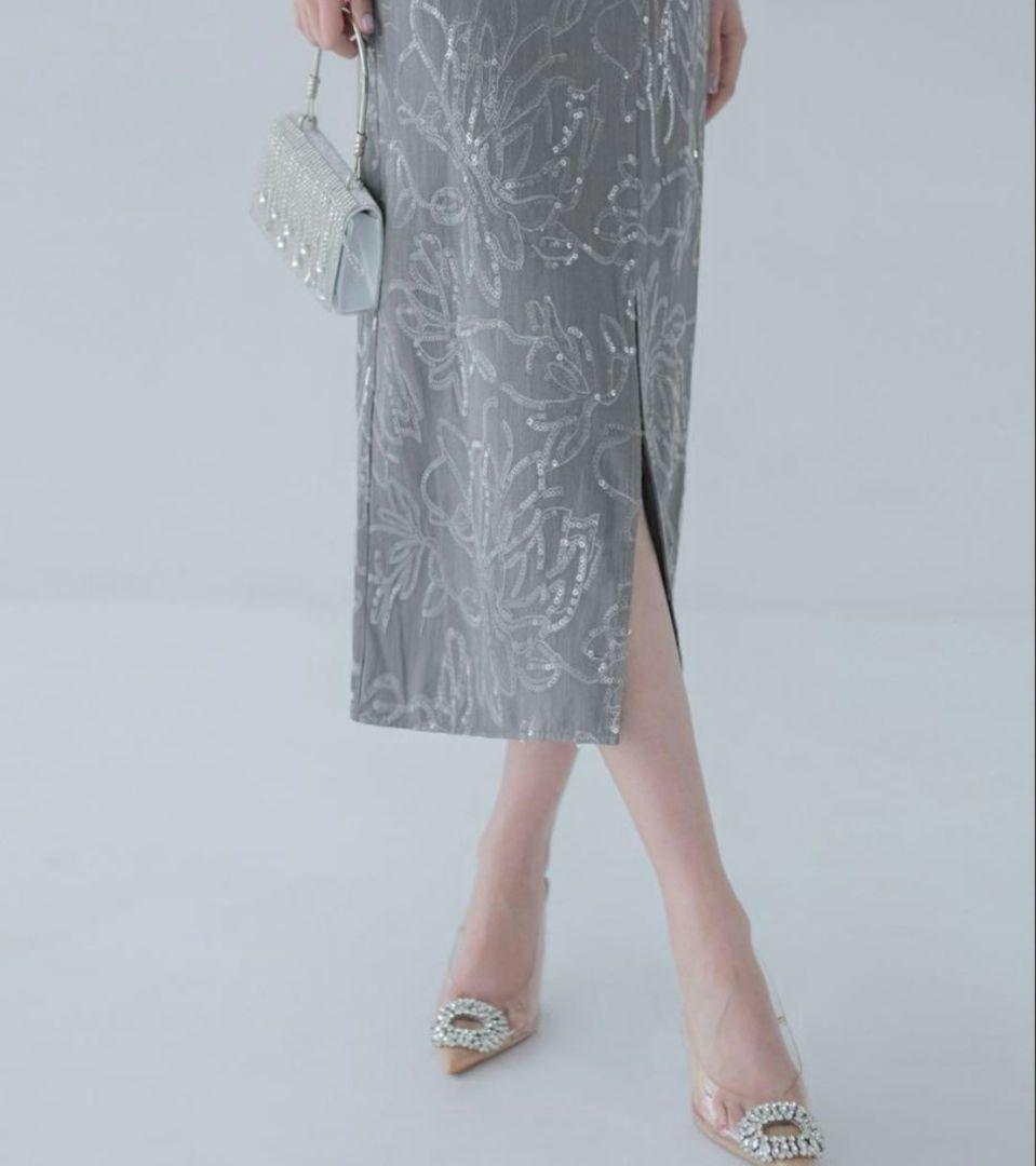 LEJA　ドットチュールフラワースパンコール　Iラインドレス　グレー　S