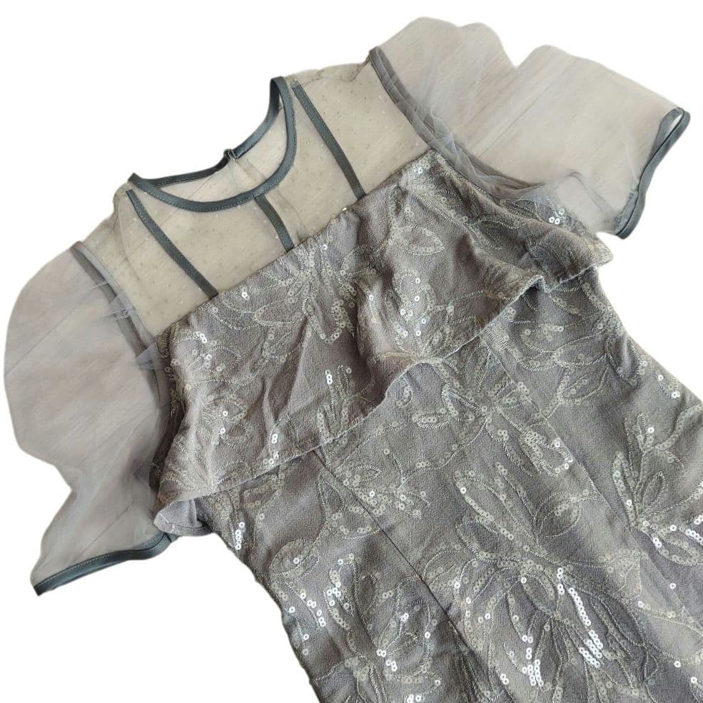 LEJA　ドットチュールフラワースパンコール　Iラインドレス　グレー　S