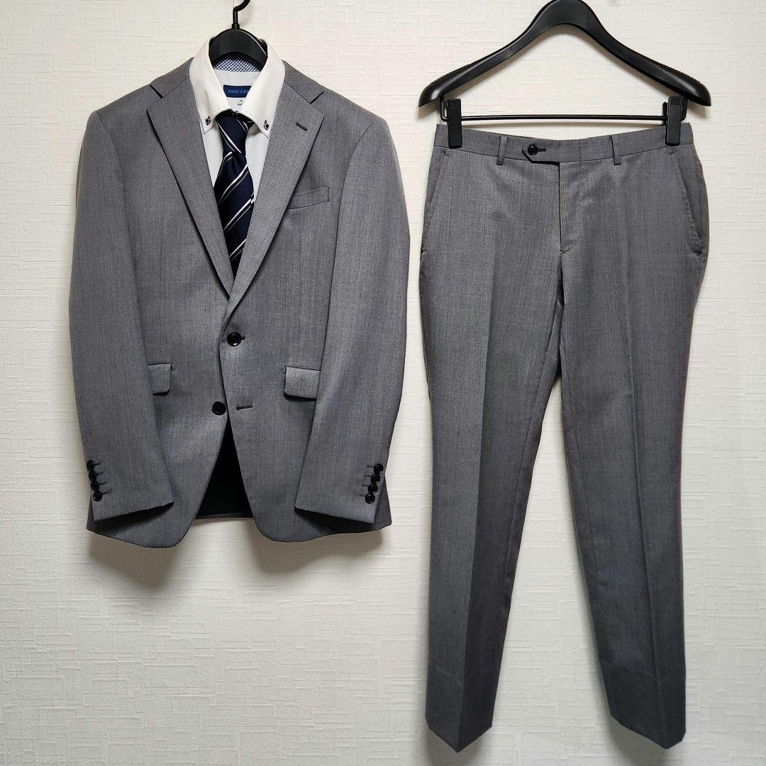 スーツセレクト　メンズ　スーツ　グレー　無地　スキニー　ウール混　美品