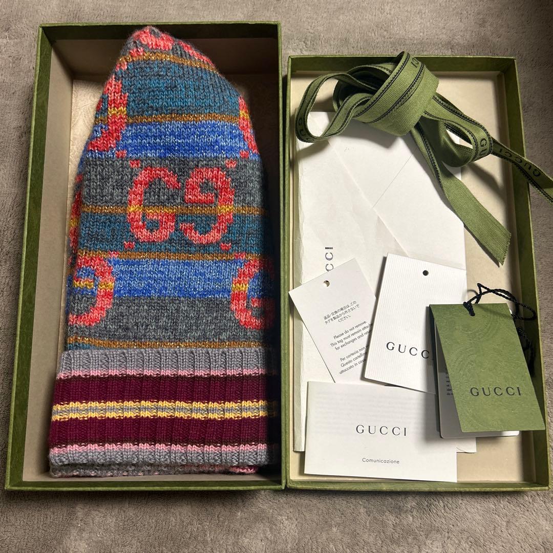 値下げ　GUCCI グッチニット帽 ビーニー　グレー マルチカラー