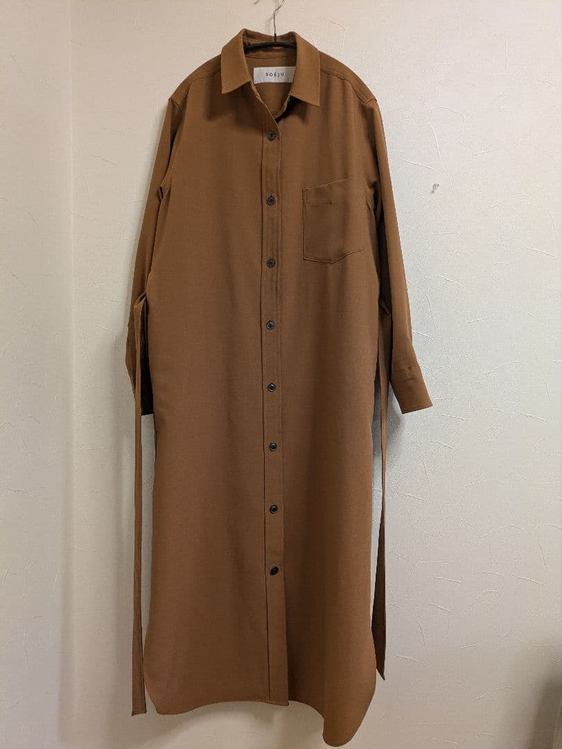 ブラウン シャツワンピース M ウエストベルト付き
