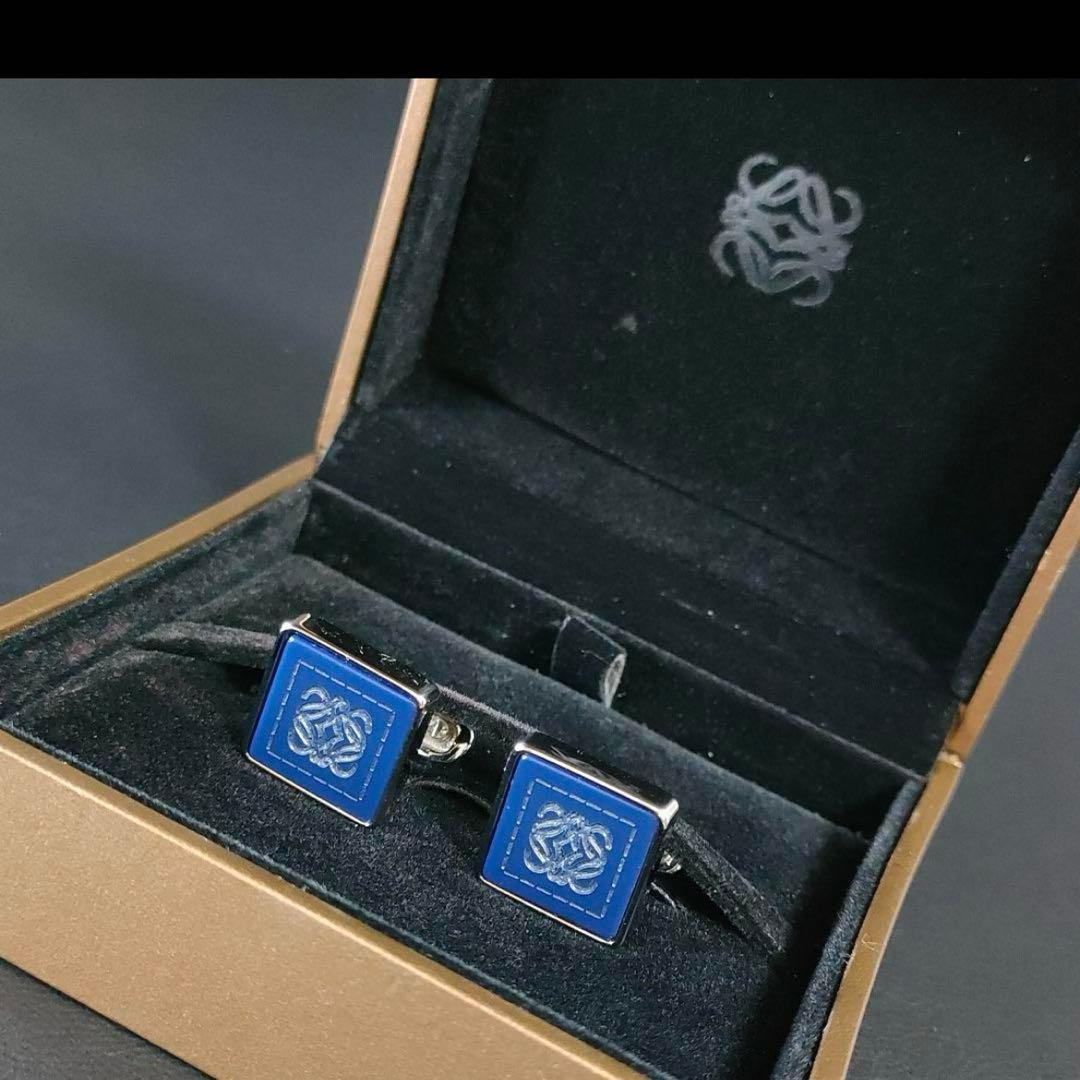 【美品】LOEWE　ロエベ　カフス　ブルー　ネイビー　シルバー　スクエア　ロゴ