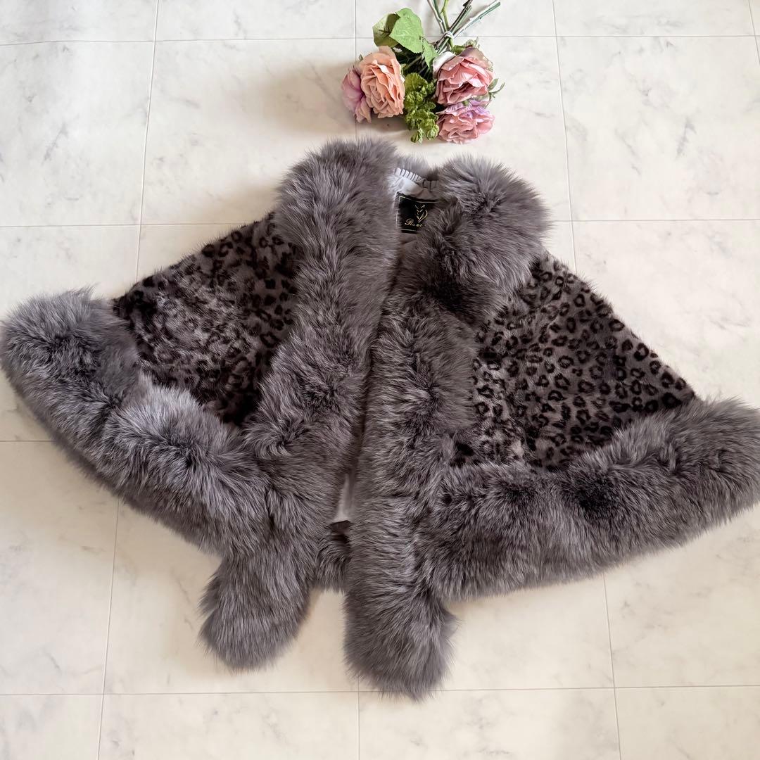ボリューム◎人気 レオパードミンク×フォックスショール ファーポンチョ ケープ