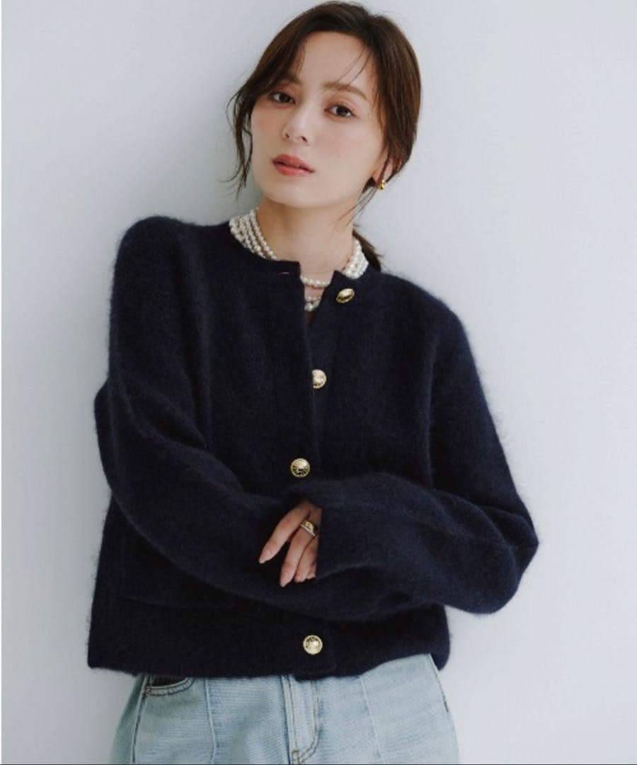 anuans カシミヤブレンドノーカラーニットジャケット　ネイビー