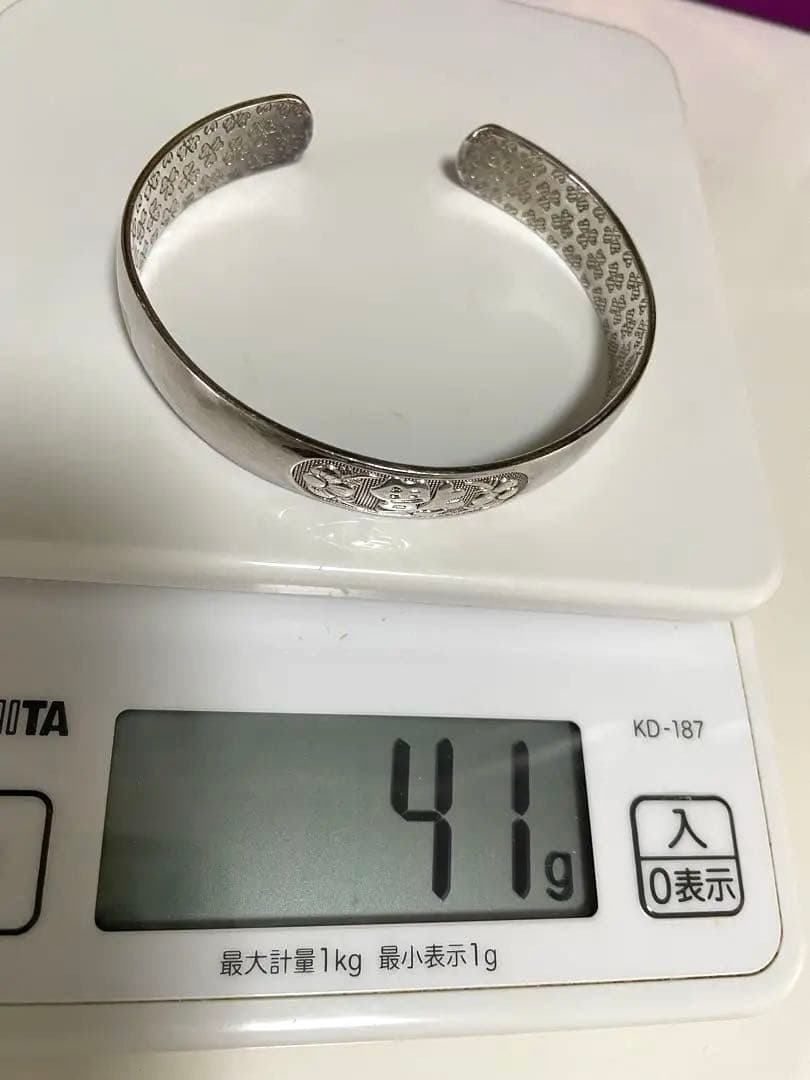 シルバー 花柄 オープンバングル 足银999 重さ41g！再値下げ❗️