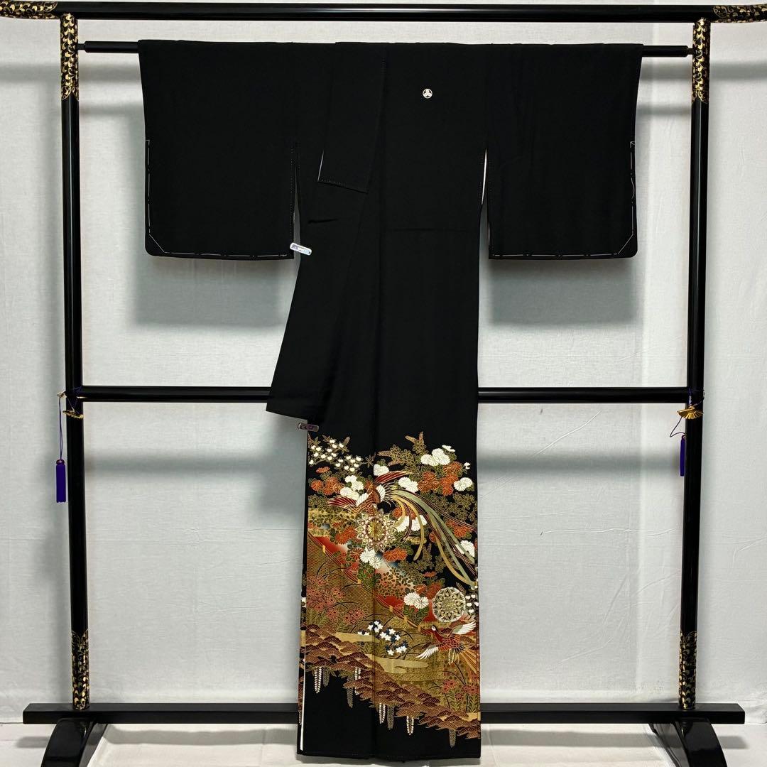 D98 黒留袖 鳳凰 華文 金彩 正絹 着物 袷 しつけ糸付き未使用極美品