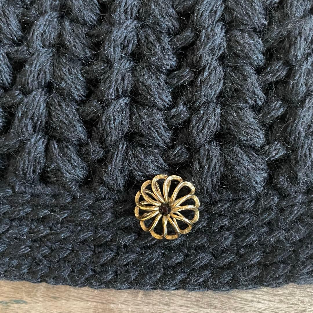 ヒトミシノヤマ　ボーボリー ニットクロッシェ フェルトリボンリボン　黒　ニット帽