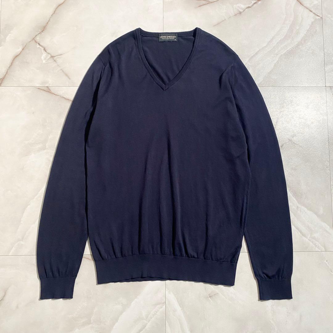 A18665 美品 ジョンスメドレー 海島綿 Vネックニット 英国製 紺M