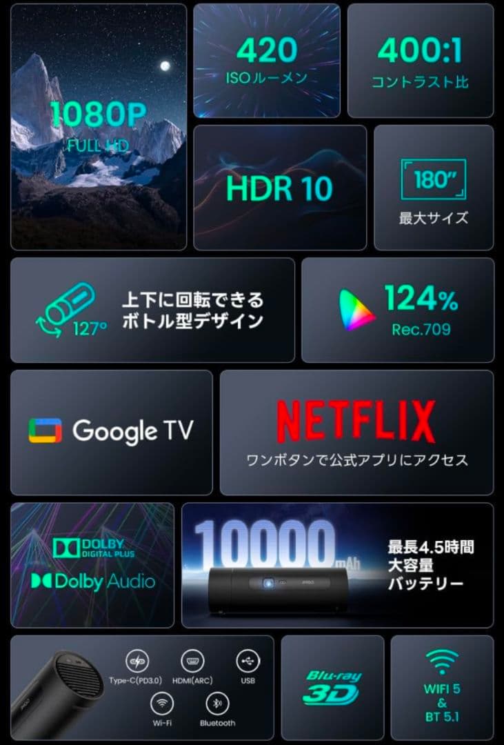 JMGO PicoFlix プロジェクター本体　充電器　リモコン　ケース付き