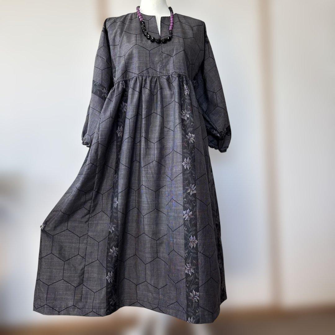 着物リメイク　古布大島紬　和装リメイク 和モダンカジュアル　旅行　体型カバー