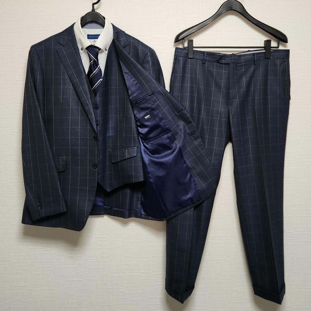 洋服の青山　パーソンズ　メンズスーツ　スリーピース　光沢　濃紺ブルー　チェック