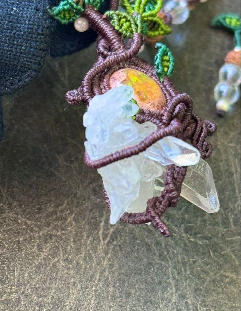 専用☆カンテラオパール＆水晶クラスター生命の樹マクラメ編みネックレス♡