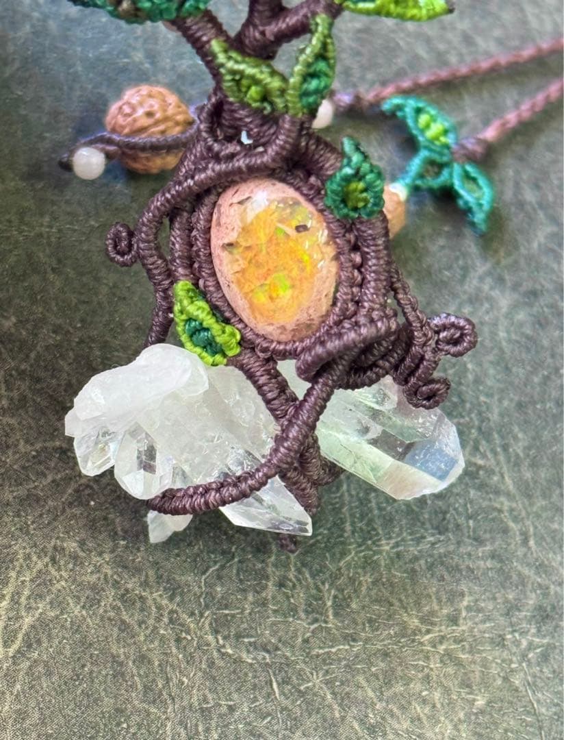 専用☆カンテラオパール＆水晶クラスター生命の樹マクラメ編みネックレス♡