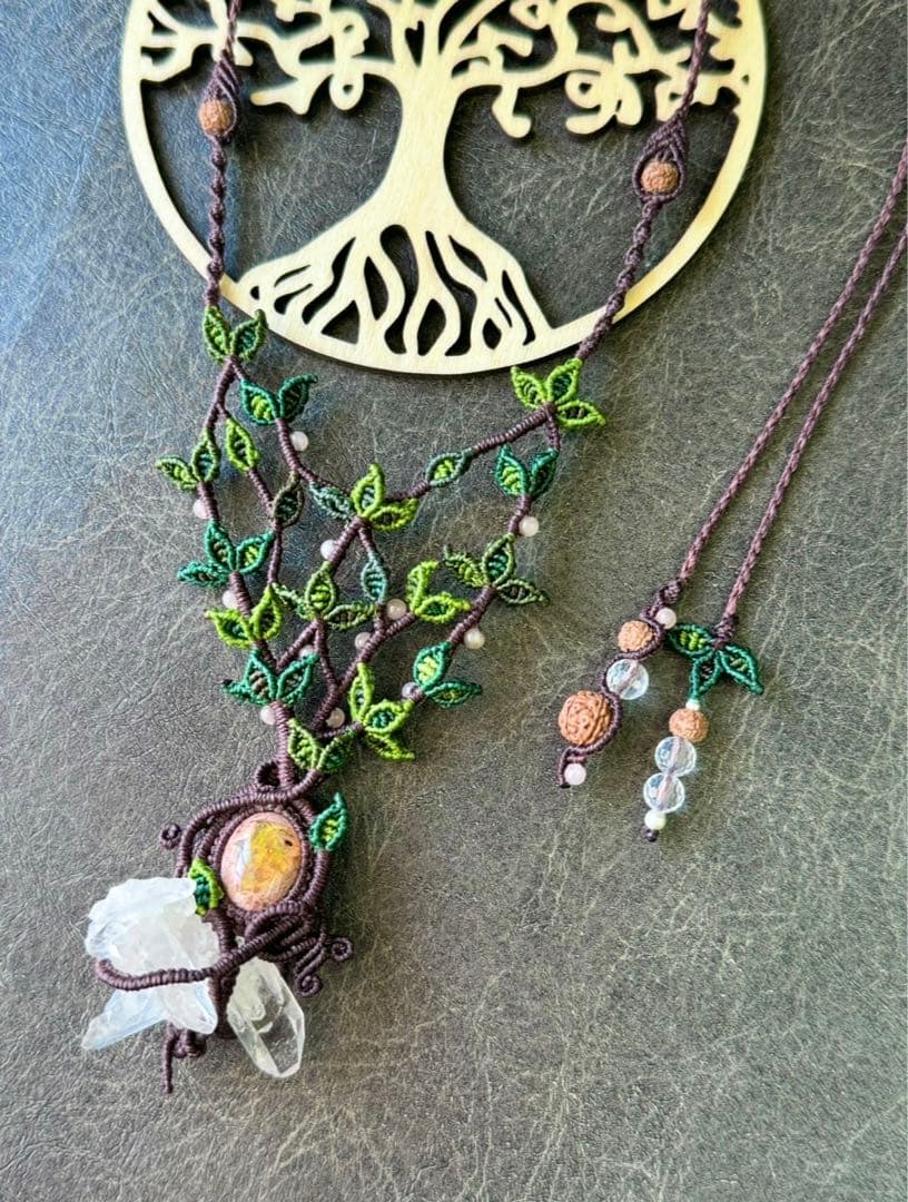 専用☆カンテラオパール＆水晶クラスター生命の樹マクラメ編みネックレス♡