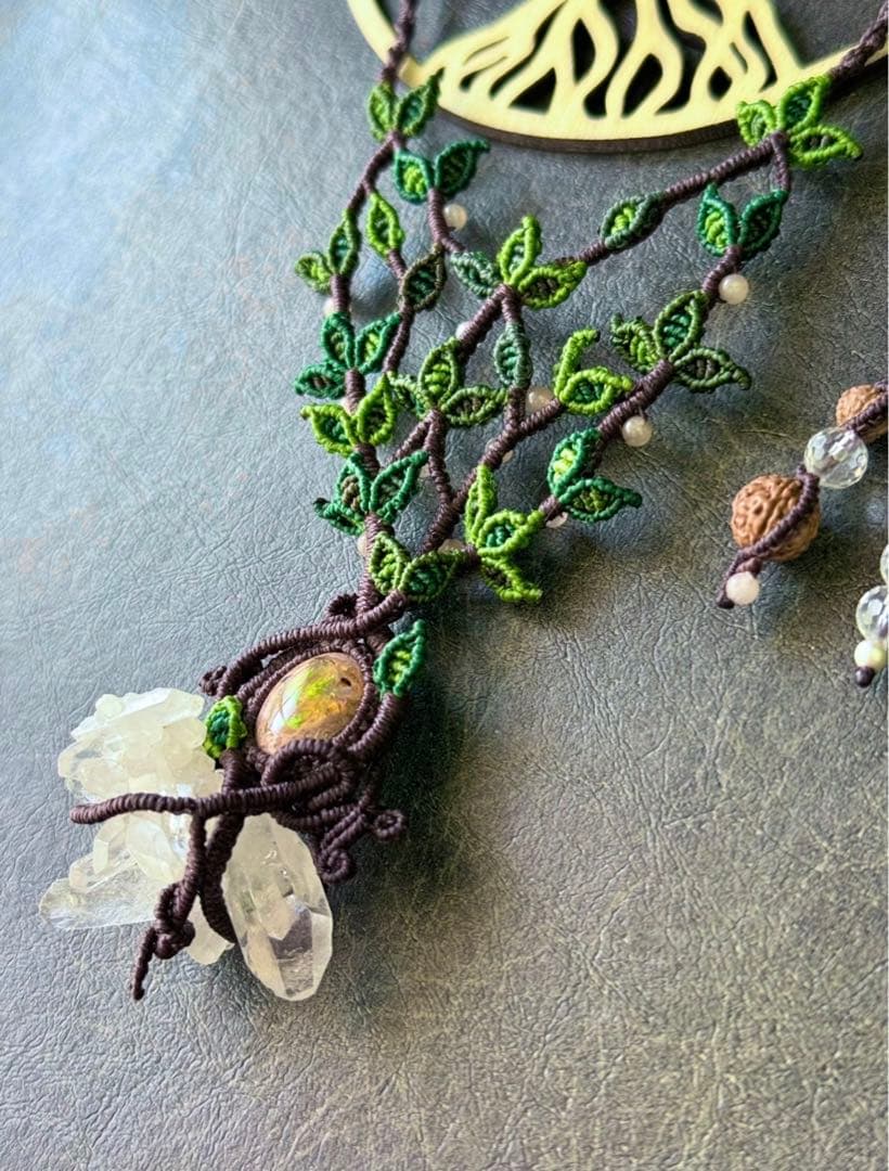 専用☆カンテラオパール＆水晶クラスター生命の樹マクラメ編みネックレス♡