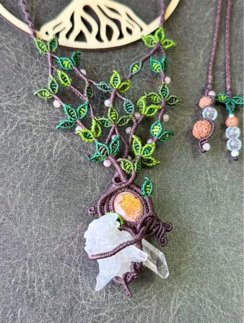 専用☆カンテラオパール＆水晶クラスター生命の樹マクラメ編みネックレス♡