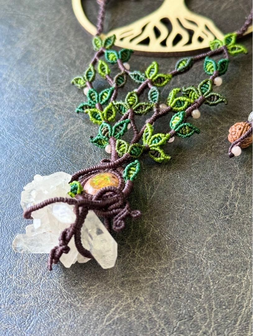 専用☆カンテラオパール＆水晶クラスター生命の樹マクラメ編みネックレス♡