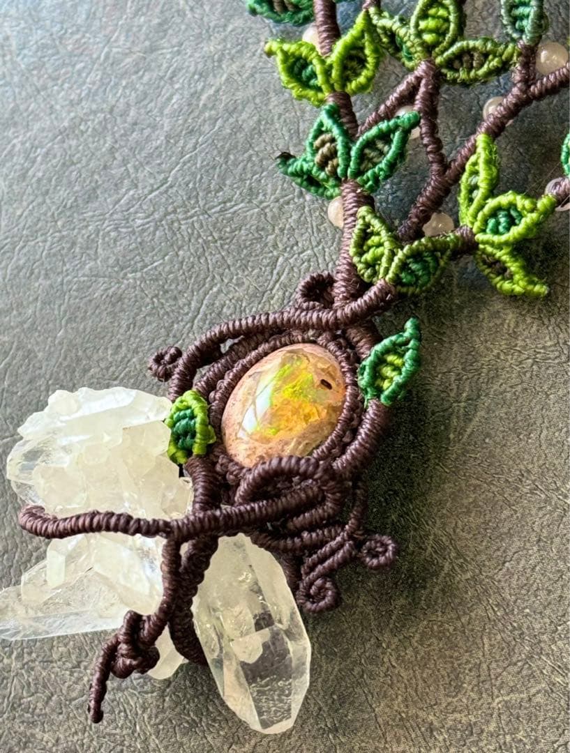 専用☆カンテラオパール＆水晶クラスター生命の樹マクラメ編みネックレス♡