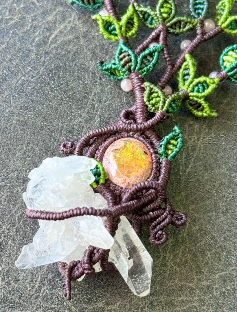 専用☆カンテラオパール＆水晶クラスター生命の樹マクラメ編みネックレス♡