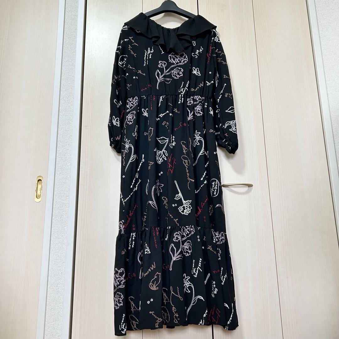 22AW♡グレースコンチネンタル 刺繍ラッフルフリルワンピース 36 総柄