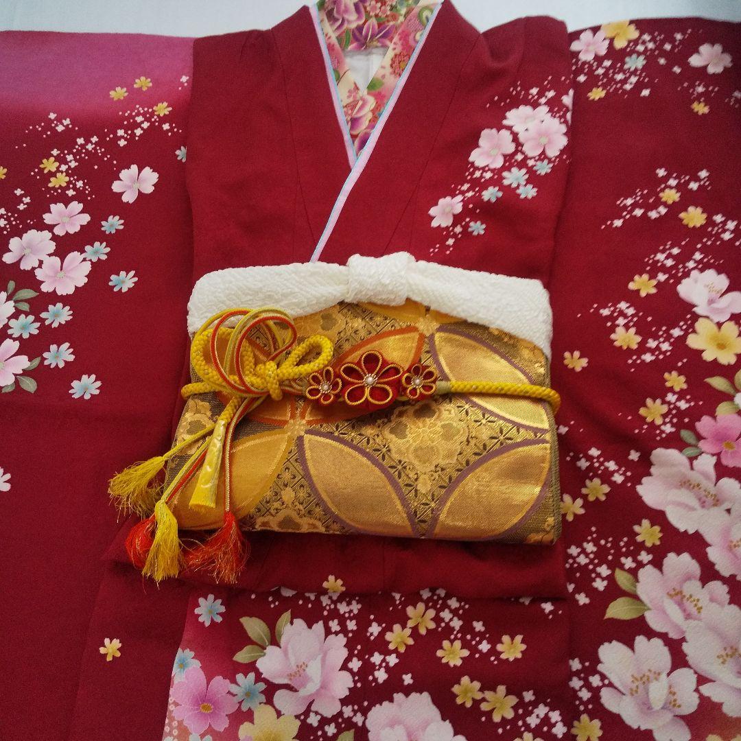みみ 赤ピンク正絹振袖6点セット袋帯帯締め帯揚げ半襟重ね襟成人式卒業式等