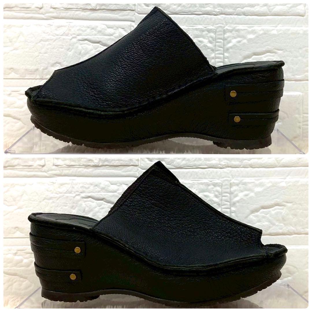 未使用級 ヒナデイグリーン レザー ミュール サンダル ウェッジソール L