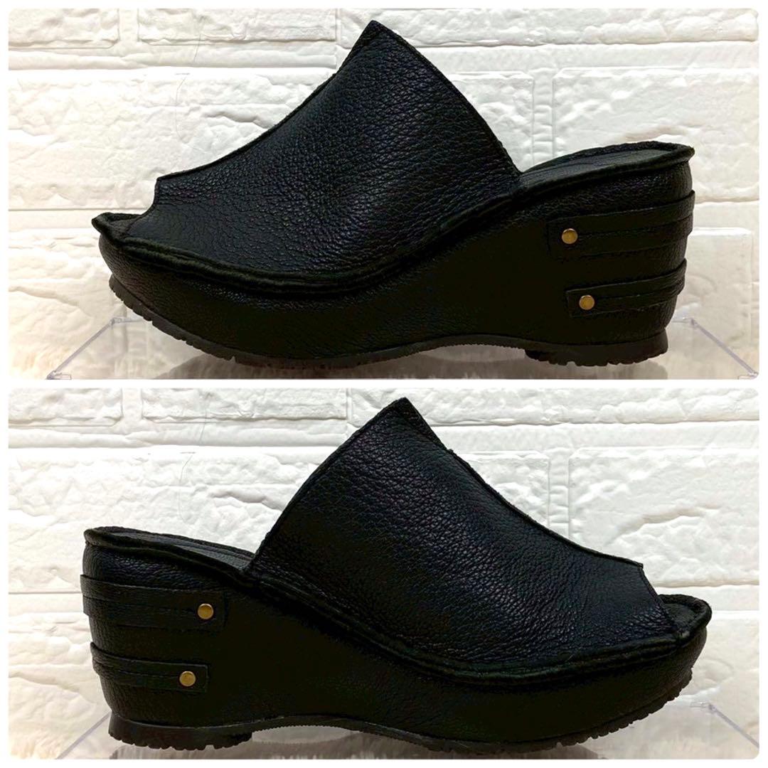 未使用級 ヒナデイグリーン レザー ミュール サンダル ウェッジソール L