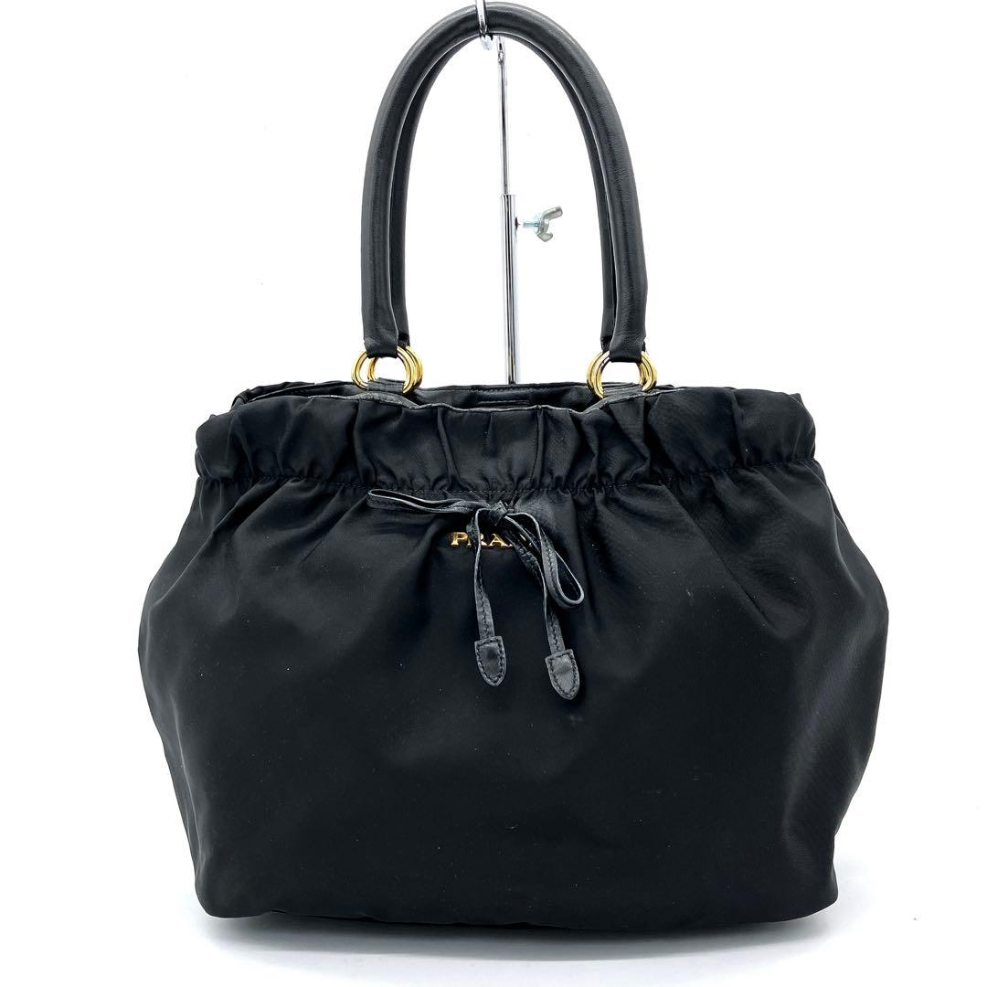【PRADA】ハンドバッグ　リボン　ロゴ金具　ゴールド金具　ナイロン　ブラック