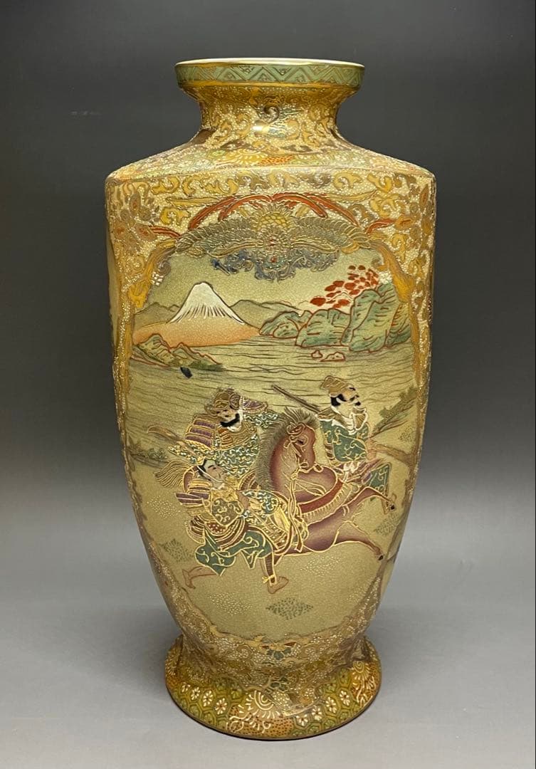 薩摩焼　色絵　金蘭手　武士美人図　花瓶　壺　飾壷　36cm v49