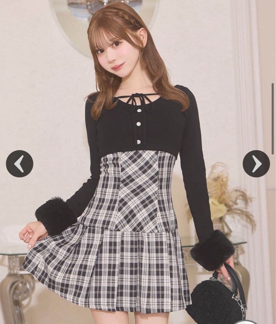 長袖ミニワンピース ブラック・チェック柄